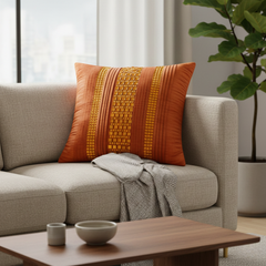 Hand Crafted Cushion Cover – Orange | 16"x16" | Poly Cotton | Textured Panel Design