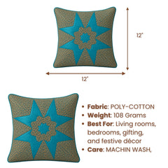 Machine Crafted Turquoise Cushion Cover – 12"x12" | Geometric Star Patchwork Embroidery | Premium Poly-Cotton Decorative Cushion Cover
