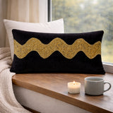 Hand Crafted Bolster Cover – Black Gold | 20"x8" | Poly Chenille Fabric | Embellished Wave Design