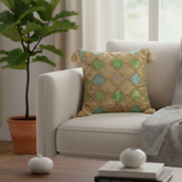 Handcrafted Rust Cushion Cover – 12"x12" | Diamond Patchwork Embroidery | Tassel Accents | Premium Poly Cotton