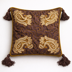 Hand Crafted Cushion Cover – Brown | 12"x12" | Poly Cotton | Embroidered Paisley Design