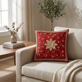 Hand Crafted Embroidered Cushion Cover – Red | 12"x12" | Poly Cotton | Floral Design