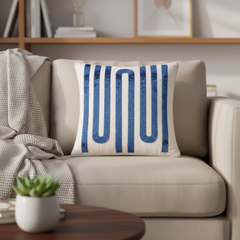 Handcrafted Cream Cushion Cover – 12"x12" | Blue Linear Embroidered Design | Premium Poly Cotton