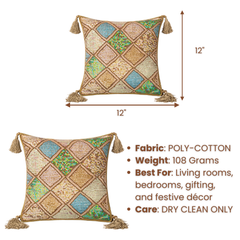 Handcrafted Rust Cushion Cover – 12"x12" | Diamond Patchwork Embroidery | Tassel Accents | Premium Poly Cotton
