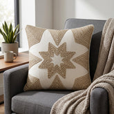 Machine Crafted White Cushion Cover – 12"x12" | Geometric Star Patchwork Embroidery | Premium Poly-Cotton Decorative Cushion Cover