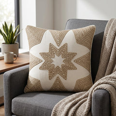 Machine Crafted White Cushion Cover – 12"x12" | Geometric Star Patchwork Embroidery | Premium Poly-Cotton Decorative Cushion Cover