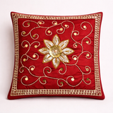 Hand Crafted Embroidered Cushion Cover – Red | 12"x12" | Poly Cotton | Floral Design