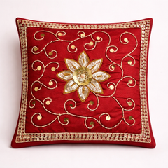 Hand Crafted Embroidered Cushion Cover – Red | 12"x12" | Poly Cotton | Floral Design