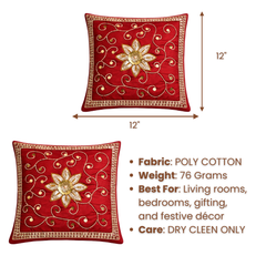 Hand Crafted Embroidered Cushion Cover – Red | 12"x12" | Poly Cotton | Floral Design