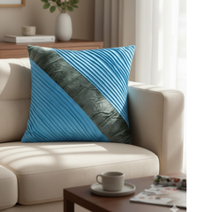 Fabric-Crafted Turquoise Cushion Cover – 16"x16" | Dual-Tone Diagonal Panel Design | Poly Cotton Chenille