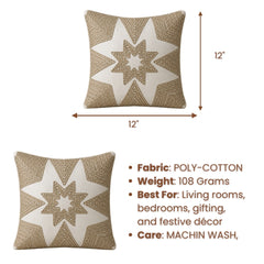 Machine Crafted White Cushion Cover – 12"x12" | Geometric Star Patchwork Embroidery | Premium Poly-Cotton Decorative Cushion Cover