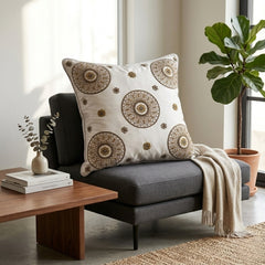 Hand Crafted Cushion Cover – White | 16"x16" | Poly Cotton Fabric | Embroidered Mandala Design