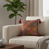 Handcrafted Maroon Cushion Cover – 12"x12" | Diamond Patchwork Embroidery | Tassel Accents | Premium Poly Cotton