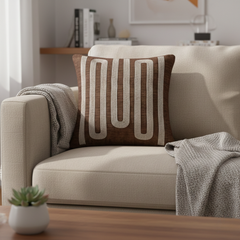 Handcrafted Brown Cushion Cover – 12"x12" | Linear Embroidered Design | Premium Poly Cotton