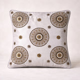 Hand Crafted Cushion Cover – White | 16"x16" | Poly Cotton Fabric | Embroidered Mandala Design