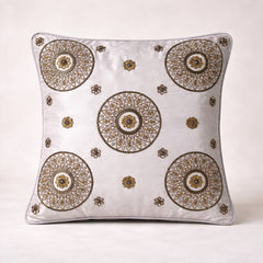 Hand Crafted Cushion Cover – White | 16"x16" | Poly Cotton Fabric | Embroidered Mandala Design