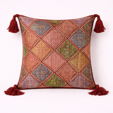 Handcrafted Maroon Cushion Cover – 12"x12" | Diamond Patchwork Embroidery | Tassel Accents | Premium Poly Cotton