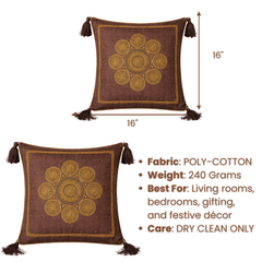 Handcrafted Brown Cushion Cover – 16"x16" | Traditional Circular Embroidery | Tassel Detailing | Premium Poly Cotton