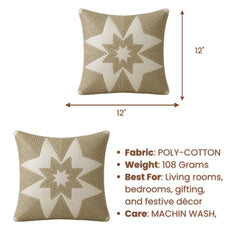 Machine Crafted Beige Cushion Cover – 12"x12" | Geometric Star Patchwork Embroidery | Premium Poly-Cotton Decorative Cushion Cover