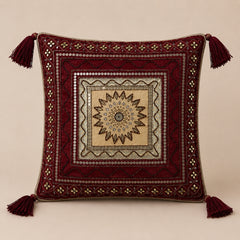 Handcrafted Cushion Cover – Red | 16"x16" | Traditional Embroidered Tassel Decorative Cushion Cover