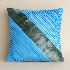 Fabric-Crafted Turquoise Cushion Cover – 12"x12" | Dual-Tone Diagonal Panel Design | Poly Cotton Chenille