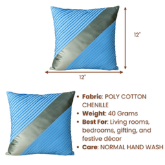 Fabric-Crafted Turquoise Cushion Cover – 12"x12" | Dual-Tone Diagonal Panel Design | Poly Cotton Chenille