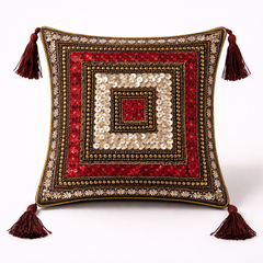 Hand Crafted Decorative Cushion Cover – Red | 12"x12" | Poly Cotton | Tassel Design