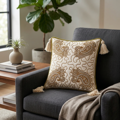 Hand Crafted Cushion Cover – Cream | 12"x12" | Poly Cotton | Embroidered Paisley Design