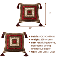 Hand Crafted Decorative Cushion Cover – Red | 12"x12" | Poly Cotton | Tassel Design