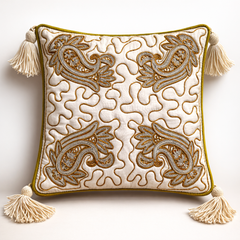 Hand Crafted Cushion Cover – Cream | 12"x12" | Poly Cotton | Embroidered Paisley Design