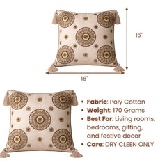 Hand Crafted Cushion Cover – Cream | 16"x16" | Poly Cotton Fabric | Embroidered Mandala Design with Tassels