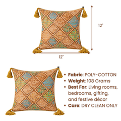 Handcrafted Orange Cushion Cover – 12"x12" | Diamond Patchwork Embroidery | Tassel Accents | Premium Poly Cotton