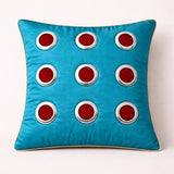 Hand Crafted Cushion Cover – Turquoise | 16"x16" | Poly Cotton | Designer Ring Embellished Pattern