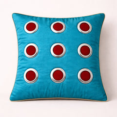 Hand Crafted Cushion Cover – Turquoise | 16"x16" | Poly Cotton | Designer Ring Embellished Pattern