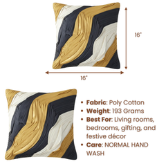 Fabric-Crafted Black Cushion Cover – 16"x16" | Triple-Tone Pleated Waves | Premium Poly Cotton