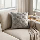 Hand Crafted Cushion Cover – Grey White | 12"x12" | Poly Cotton | Diamond Button Tufted Design