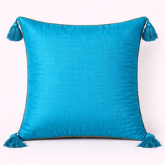 Handcrafted Turquoise Cushion Cover – 16"x16" | Square Embellished Design with Tassels | Premium Poly Cotton