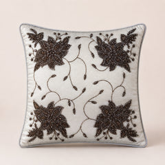 Handcrafted Cushion Cover – Cream | 16"x16" | Floral Embroidered Decorative Cushion Cover