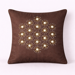 Handcrafted Brown Cushion Cover – 12"x12" | Pearl & Starburst Embellished Design | Premium Poly Cotton