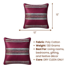 Hand Crafted Cushion Cover – Dark Purple | 12"x12" | Poly Cotton Fabric | Embellished Stripe Design
