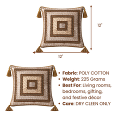 Hand Crafted Decorative Cushion Cover – Silver | 12"x12" | Poly Cotton | Tassel Design