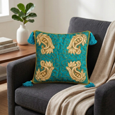 Hand Crafted Cushion Cover – Turquoise | 12"x12" | Poly Cotton | Embroidered Paisley Design