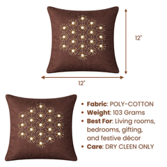 Handcrafted Brown Cushion Cover – 12"x12" | Pearl & Starburst Embellished Design | Premium Poly Cotton
