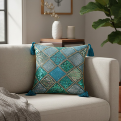 Handcrafted Turquoise Cushion Cover – 12"x12" | Diamond Patchwork Embroidery | Tassel Accents | Premium Poly Cotton