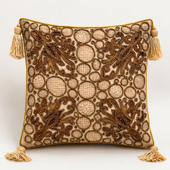 Hand Crafted Cushion Cover – Beige | 16"x16" | Poly Cotton | Embroidered Circle & Motif Design