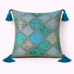 Handcrafted Turquoise Cushion Cover – 12"x12" | Diamond Patchwork Embroidery | Tassel Accents | Premium Poly Cotton