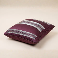 Hand Crafted Cushion Cover – Dark Purple | 12"x12" | Poly Cotton Fabric | Embellished Stripe Design