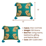 Hand Crafted Cushion Cover – Turquoise | 12"x12" | Poly Cotton | Embroidered Paisley Design