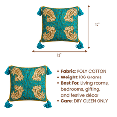 Hand Crafted Cushion Cover – Turquoise | 12"x12" | Poly Cotton | Embroidered Paisley Design