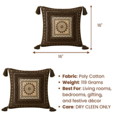 Handcrafted Cushion Cover – Dark Brown | 16"x16" | Decorative Embroidered Tassel Cushion Cover